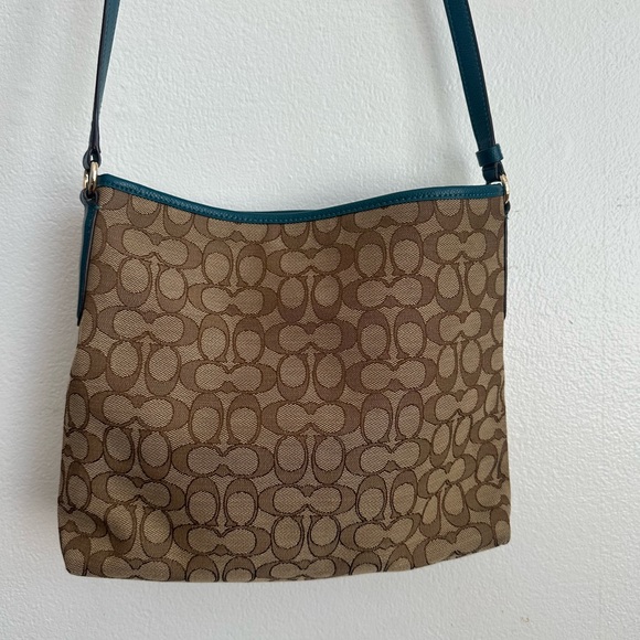 Coach Signature Brown and Teal Shoulder Bag - Picture 9 of 10